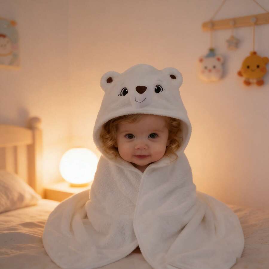 1条柔软吸水婴儿连帽浴巾，可爱动物图案，透气涤纶材质，适合儿童洗澡和裹身。