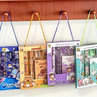 24pcs/4 Sets Cartoon Cute Stationery Set, Exquisite Pencil Set, Fun Design, Includes Pencil, Ruler, Eraser, Sharpener, Notebook, Classroom Rewards, Back-To-School Supplies