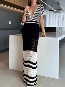 Đầm dệt kim kẻ sọc phối màu dành cho nữ, thời trang mùa xuân, cổ chữ V sâu, thiết kế khoét rỗng, đầm nghỉ lễ thanh lịch, hoàn hảo cho kỳ nghỉ biển thường ngày. - Đen và trắng - Xem 7