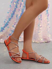 New Summer Peep Toe Strappy Criss-Cross Slip-On Elastic Band Flat Sandals For Women, European And American Style - Orange - View 4