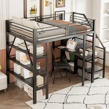 Hochbett 140*200cm, Dreilagiges Ablageregal, Schreibtisch, Kleiderschrank, Sicherheitsstufen Mit Ablagefach, Hohes Zaundesign, Eisenbett, Einzelbett, Schwarz - Black - View 2