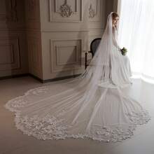 1pc Elegant Bridal Lace Veil With Ruffled Edges, Extra Large Trailing White Long Wedding Ceremony & Photo Shoot Accessory - Multicolor - View 1
