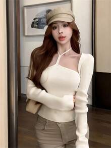 秋冬甜美简约杏色女士毛衣及无肩带针织短款外套两件套，适合外出、约会、下午茶等场合。 - 杏色 - 查看 6