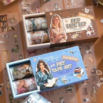 Simno 4 Rolls PET Scrapbook Tapes, Reading/ Coffee Theme Pre-Cut Washi Tape Stickers, Decorative Aesthetic People Stickers For Crafts Journaling Scrapbooking Supplies Ephemera