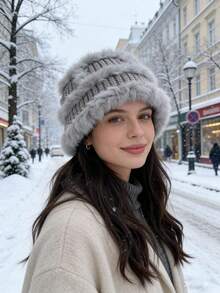 1顶新款仿毛皮压花高端渔夫帽/针织帽，女士冬季时尚保暖修脸帽，可爱秋冬保暖毛绒混色针织舞狮帽 - A - 查看 12