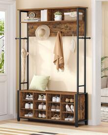 HaluPeit Coat Rack With Shoe Storage, Hall Tree With Bench For Hallway, 14 Open Compartments, Coat Stand With Adjustable Shelves, 13 Hooks, Top Storage For Living Room, Entrence, Rustic Brown/White Oak - Retro marrón y negro - Ver 2