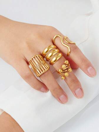 4pcs/Set Stainless Steel Geometric Line Design Open Rings Set For Women, Suitable For Daily Wear
