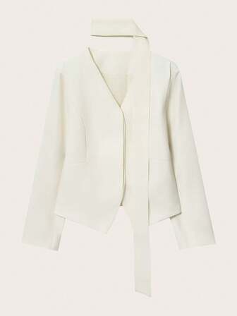 Blazer de cuello en V elegante y bufanda de unicolor, primavera/otoño