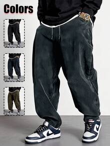 1条男士灯芯绒抽绳阔腿休闲运动裤，适合户外活动 - 灰色 - 查看 2