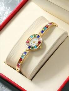 女士高级奢华简约混合宝石石英腕表手链，情人节礼物（无包装盒） - 銀色 - 查看 8