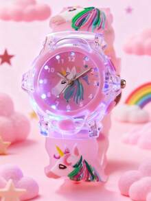 1pc 3D Cute Unicorn Printed Backlit Silicone Quartz Watch, Suitable For Campus, Birthday Gift, Halloween Gift, Back To School Season - Pink - View 5