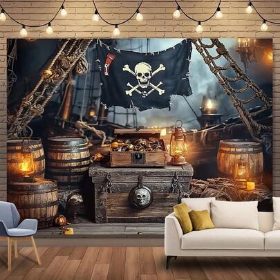 1 Pirate-Themed Photography Background, Nautical Treasure Map Party Photo Backdrop, Pirate Ship Deck Steering Wheel Party Banner Decoration Party Decor Background, Party Photo Table Banner Oversized Wall Decoration