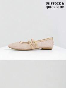 ADAMUMU Print Mesh Breathable Women's Flat Sandals, Mary Jane Ballet Flats, Lightweight & Comfortable Square Toe Hollow-Out Casual Slip-On Shoes - Màu be - Xem 5