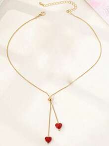 1 pieza Collar con colgante de corazón rojo de aleación, diseño ajustable en forma de Y, adecuado para el Día de la Madre, San Valentín, uso diario - Colgante de corazón rojo - Ver 4