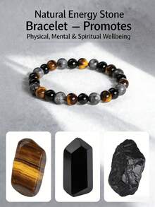 1pc 8mm Mixed Beads Bracelet Including Black Agate & Yellow Tiger Eye, Bohemian Style Stackable, Healing Stones To Enhance Energy & Wisdom, Suitable For Teens & Adults, Daily Wear Or Holiday Gift - Multicolor - View 1