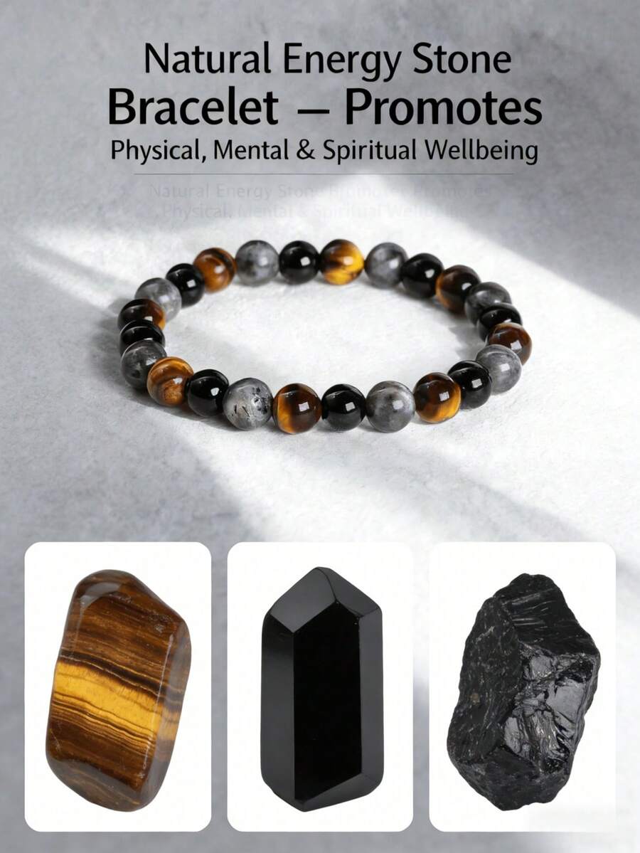 1pc 8mm Mixed Beads Bracelet Including Black Agate & Yellow Tiger Eye, Bohemian Style Stackable, Healing Stones To Enhance Energy & Wisdom, Suitable For Teens & Adults, Daily Wear Or Holiday Gift - Multicolor - View 1