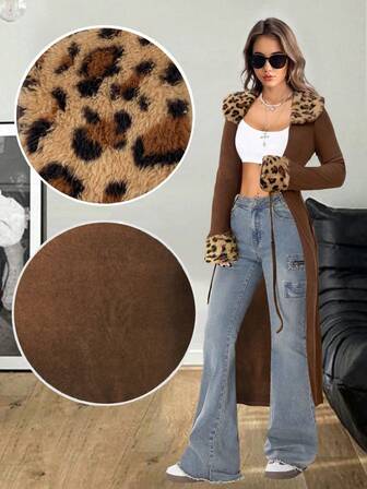 Chaqueta larga de cárdigan marrón con textura de encaje y estampado de leopardo, estilo vintage de moda Y2K, ropa de invierno para volver a la escuela