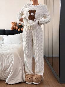 2pcs Women Winter Fleece Pajama Set, Bear Print Long Sleeve Top And Pants, Comfortable Loungewear For Home & Vacation - White - View 4