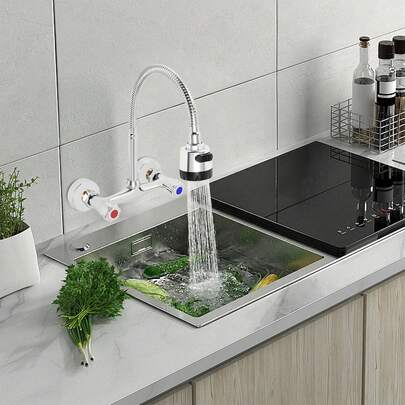 RibasuBB Stainless Steel Kitchen Sink Faucet With 360° Swivel Nozzle, Dual Handles For Hot & Cold Water, Wall-Mounted Chrome Brass Tap