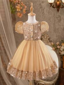 Vår/Sommarklänning med paljettmönster och rund halsringning i mesh för unga flickor - Champagne - Visa 4