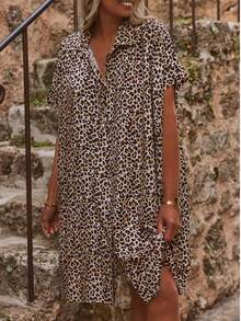 Plus Size Women's Leopard Print Button Front Dress, Leopard V-Neck Mini Dress, Short Sleeve Casual Leopard Print Dress, Spring/Summer Vacation Elegant - Brown - View 2