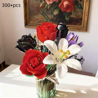 Byggklossar för evigt blommorbukett - Ros och lilja gör-det-själv-pusselleksak, unik alla hjärtans dag/födelsedagspresent till henne, evig heminredning, inget vatten behövs