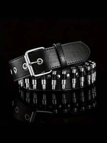 1PC Rivet Punk Belt PU Leather Bullet Belt Fashion Joker Punk Style Bullet Belt New Ladies Personalized Decorative Belt Summer, School Fall, Autumn, Halloween, Valentine Gift, Valentine's Gift - 黑色 - 查看 2