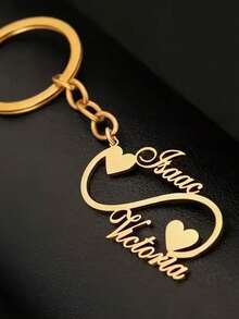 One Personalized Keychain, Featuring A Custom Double Name And Double Heart Design, Made Of Stainless Steel In Gold And Silver With Custom Lettering. Ideal As A Backpack Pendant, Car Key Charm, Or Key Ring. A Valentine's Day Gift, Birthday Gift, Family Gift, Christmas Gift, Thanksgiving Gift, Father's Day Gift, Or Mother's Day Gift. A Unique Gift For Friends And Family. - Multicolor - View 5