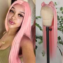 Light Pink Synthetic Lace Front Wigs Glueless Long Silky Straight Hair 13x4 HD Transparent Lace Wigs For Women Baby Pink Color Heat Resistant Fiber Hair Natural Hairline Baby Hair Daily  Party Cosplay Halloween Use - Màu Hồng  Dưa hấu - Xem 1