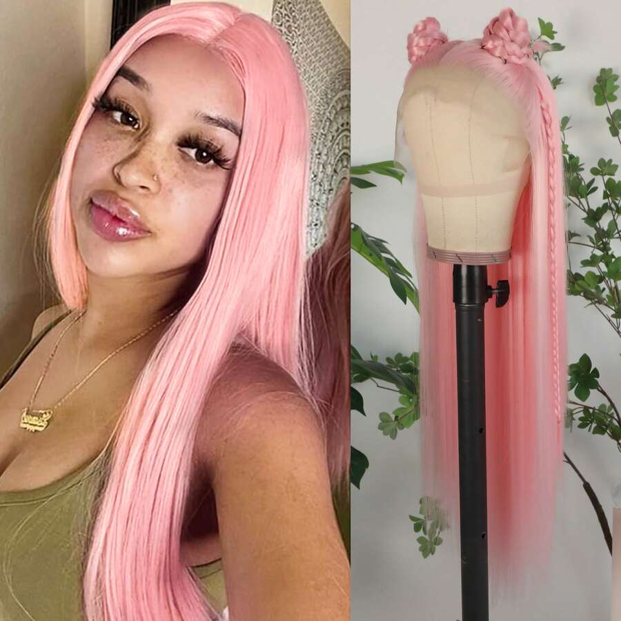 Light Pink Synthetic Lace Front Wigs Glueless Long Silky Straight Hair 13x4 HD Transparent Lace Wigs For Women Baby Pink Color Heat Resistant Fiber Hair Natural Hairline Baby Hair Daily  Party Cosplay Halloween Use - Màu Hồng  Dưa hấu - Xem 1