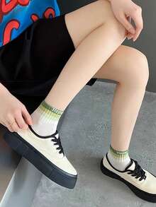 5 pares de calcetines cortos para mujer, estampado de letras deportivo y casual, rayas coloridas de malla transpirable y absorbente del sudor, diseño sencillo para primavera/verano - Multicolor - Ver 7