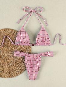 女士粉色格子细条纹比基尼，金属扣装饰，性感沙滩度假两件套泳衣，2026春夏款 - 彩色 - 查看 3