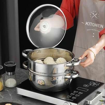 3-teiliges Edelstahl Kochgeschirr-Set - bestehend aus einem Suppentopf, Dampfgarer und Deckel, geeignet für den Heim- und Outdoor-Gebrauch