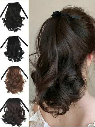 Coleta con lazo de pelo envuelto alrededor de extensiones de coleta ondulada y rizada, pelucas sintéticas, extensiones de cabello con clip, elegantes y adecuadas para uso diario y eventos de mujeres