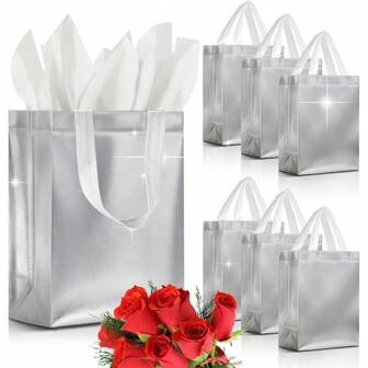Set med 6/12 silverpresentpåsar - Återanvändbara presentpåsar, stora, medelstora med handtag - Perfekta presentpåsar för vuxna, jul, födelsedagsfester, bröllop, Thanksgiving - 26x20x10cm