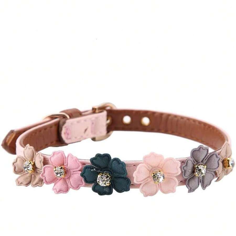 Collar de Cuero de Cuero Ajustable con Flores de Margarita, Brillo de Diamantes de Imitación de Dianos para Gatos y Perros Medianos Pequeños, Cómodo y Duradero, Moda y Hermosa, Perfecta para la,37363528 - azul real - Ver 1