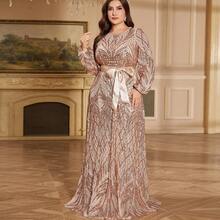 hezixi High Quality Elastic Sequin Round Neck Cover Up, Slim Fit Mermaid Hem Design, Plus Size Solid Color Elegant Long Dress - Champagne - View 13