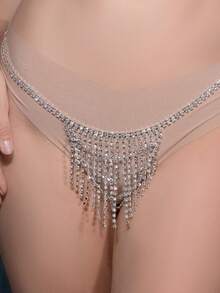 1pc Silver Multi-Layer Tassel & Rhinestone Waist Chain, Sexy Rhinestone Panty, European & American Style Beach Resort Body Chain For Women - Multicolor - View 1
