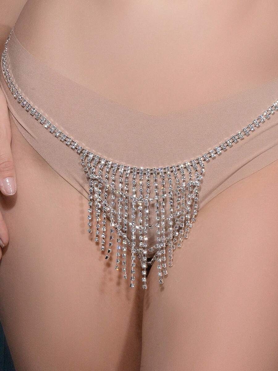 1pc Silver Multi-Layer Tassel & Rhinestone Waist Chain, Sexy Rhinestone Panty, European & American Style Beach Resort Body Chain For Women - Multicolor - View 1