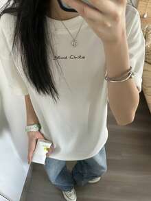 女士夏季休闲宽松字母印花圆领短袖T恤 白色 - 白色 - 查看 4