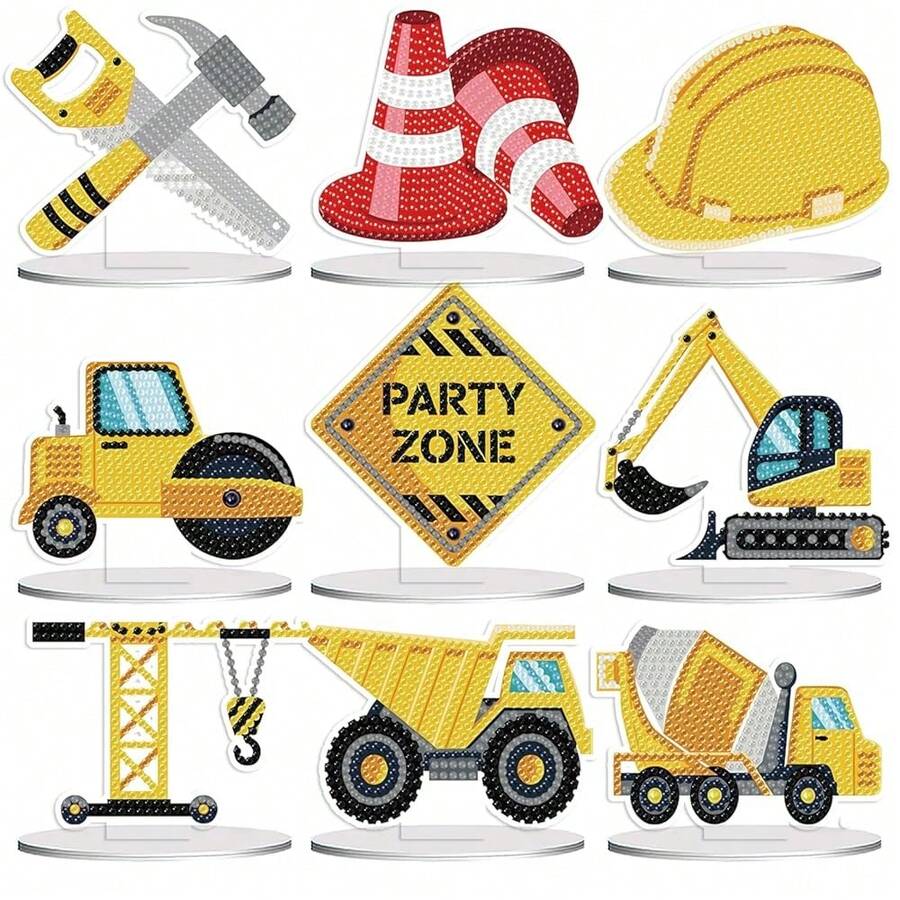 Decor For Home Diamonds Art Kit Decorations, 9 Pack Construction Car Truck Zone Diamonds Painting Kit For Adult Tabletop Gift DIY 5D Diamonds Dots, Special Crystal Diamond Traffic Cones Hard Hats - DP02411 - 查看 1