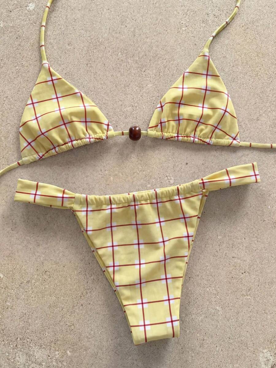 女士复古黄红格子吊带比基尼，性感辣妹风，海边度假两件套泳衣，2026春夏款 - 彩色 - 查看 1