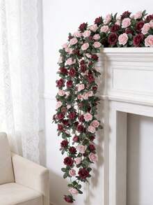 2 pièces/Paquet Vigne de fleurs artificielles, 45 têtes de fausses roses en guirlande, décoration pour maison, hôtel, bureau, mariage, fête, jardin, cadeau de la Saint-Valentin - rouge + rose - Voir 8
