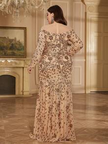 hezixi Elegant High-End Round Neck Plus Size Tulle & Sequin Splice Long Sleeve Gown, Stretchy Fitted Mermaid Style Wedding Party Fall - Champagne - View 3