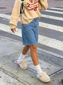 Wommer Summer Casual Knee Length Wide Leg Baggy Bermuda Denim Jeans Vacation Beach Country Concert Outfit - Medium Wash - View 2