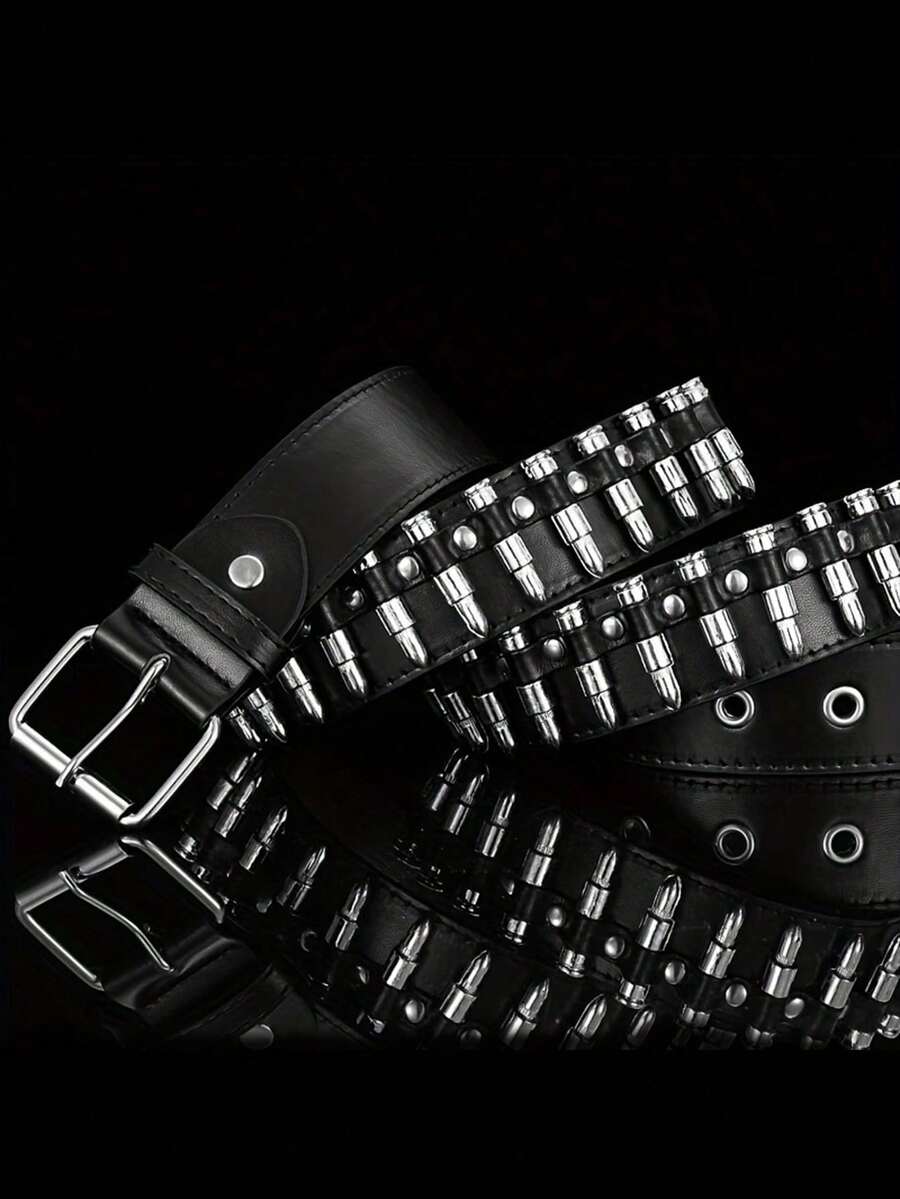 1PC Rivet Punk Belt PU Leather Bullet Belt Fashion Joker Punk Style Bullet Belt New Ladies Personalized Decorative Belt Summer, School Fall, Autumn, Halloween, Valentine Gift, Valentine's Gift - 黑色 - 查看 1