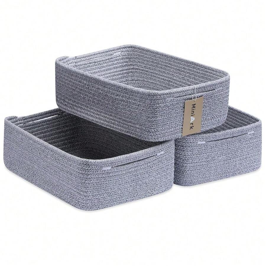 Large Shallow Organizing Baskets 15x11x5.1 Inches - Rope Woven Storage Bins For Bathroom, Shelves, Cube Closet, Mixed Grey 3 Packs - Xám hỗn hợp - Xem 1