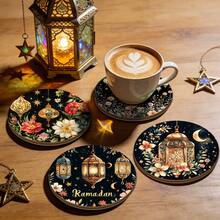 4pcs/Set Islamic Style Coasters, Featuring Vintage Lantern, Moon, Star, And Floral Patterns, Heat-Resistant Coasters Suitable For Coffee, Tea, And Other Beverages, Home And Kitchen Accessories. - Multicolor - View 6