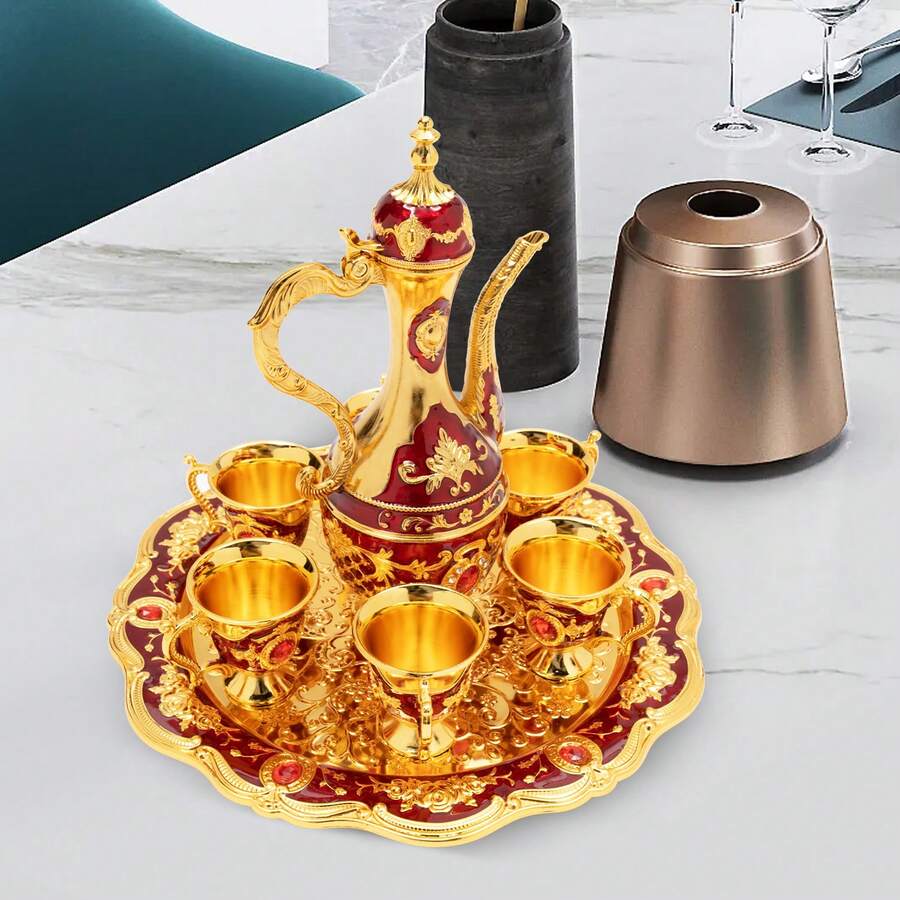Aohuada Turkish Style Zinc Alloy Tea Set, 1 Teapot & 6 Cups - Rustproof, Heat-Resistant, Durable Tea Cups Set For Home, Restaurant, Hotel, Office, Tea House - Red Decorative Tea Ware Set - 金色 - 查看 1