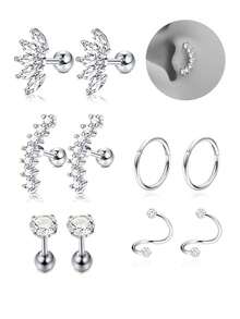 10pcs Stainless Steel 16G Ear Studs, Unisex Spiral Small Hoop Earrings, CZ Cartilage Earrings - Silver model - View 5